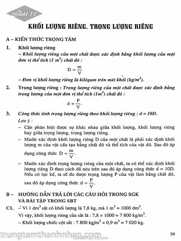 bài 11 khối lượng riêng trọng lượng riêng vật lý lớp 6