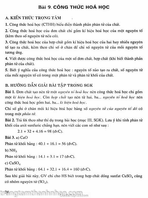 Bài 9 công thức hoa học lớp 8